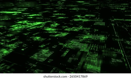 Abstract digital background. Green matrix cyberspace with moving data. Technology cyber security futuristic space. Concept hacking, sorting and analysis big data. Binary code dots flow. 3d rendering.