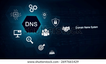 Abstract digital background with hexagonal icons representing DNS concepts and text "Domain Name System" on a dark blue circuit board pattern.