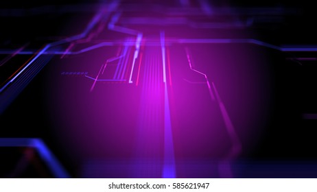Abstract digital background made of different shapes with hight detailed elements. Rich details and depth of field effect. 3d rendering illustration. Geometry lines with dashes and glow. 
