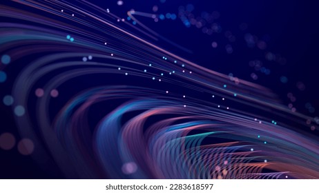 Abstract digital background of moving particles. Information space flow. Big data visualization. 3d