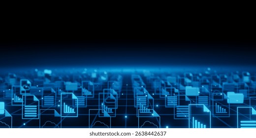 Abstract digital background representing document management, data storage, and network connections with glowing file icons, folders, cloud symbols, and data charts on a dark blue backdrop.