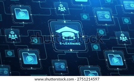An abstract digital background showcasing e-learning icons interconnected by network lines, representing online education and modern learning environments.