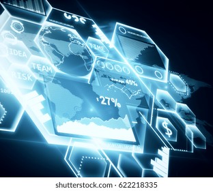 Abstract digital business panel with charts and buttons on dark background. Media concept. 3D Rendering - Shutterstock ID 622218335