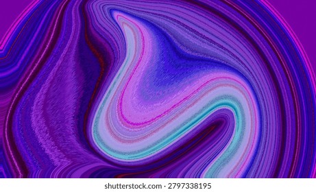 An abstract digital composition featuring fluid, swirling patterns reminiscent of liquid marble or oil paint. The is dominated by vibrant shades of purple, violet, and deep blue, accented with streaks of bright pink, magenta, and light cyan. The lines form concentric, organic curves that create a sense of motion and depth. The texture appears smooth and glossy, with layered color gradients that blend into one another, creating a hypnotic and psychedelic visual effect.