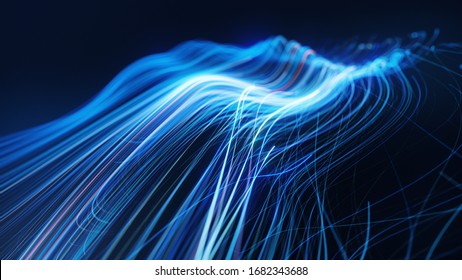 Abstract Digital Data Flow. Optical Fiber Or Dynamic Blue Lines, Network Stream, Machine Learning With Light, Modern Technology