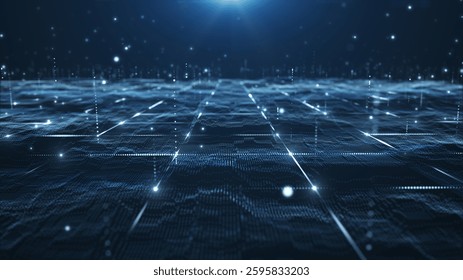 Abstract digital data landscape with glowing particles and dynamic lines on a dark background.