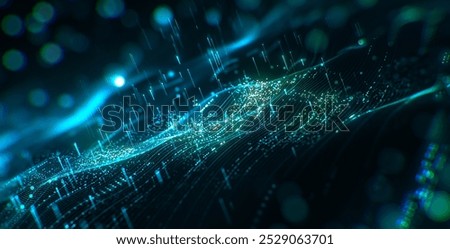 Abstract digital data wave with glowing particles and dynamic lines on a dark background, concept of technology and data visualization.