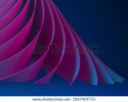 Abstract digital design pattern, neon colored bent leaves structure over dark blue background, 3d rendering illustration