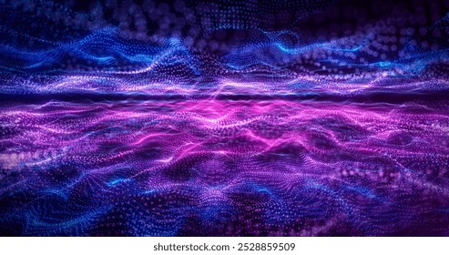 Abstract digital dynamic particle waves with light motion lights background, data flow, cyber technology