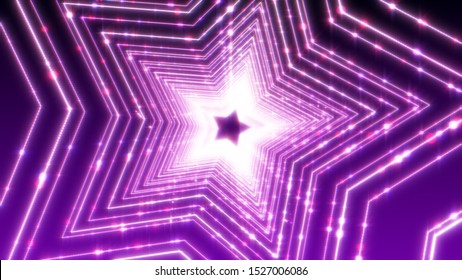 Abstract Digital Geometric Background With Futuristic Tunnel Glowing Neon Light Stars Shape.