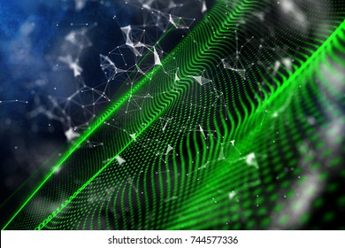 Abstract digital green wave background in space. Technology, art, web banner concept. 3D Rendering 