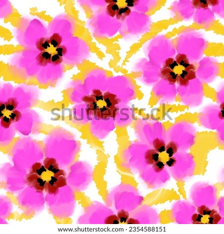 Abstract Digital Hand Painting Watercolor Poppy Flowers Seamless Pattern with Wavy Zebra Stripes Background