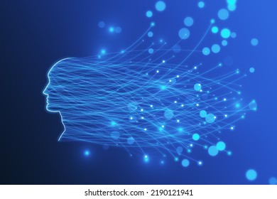 Abstract Digital Head Outline With Glowing Lines And Blurry Bokeh Circles On Blue Wallpaper. Technology, Future, Ai And Machine Learning Concept. 3D Rendering