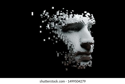 Abstract Digital Human Face.  Artificial Intelligence Concept Of Big Data Or Cyber Security. 3D Illustration 