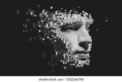 Abstract digital human face.  Artificial intelligence concept of big data or cyber security. 3D illustration