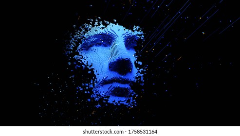 Abstract Digital Human Face.  Artificial Intelligence Concept Of Big Data Or Cyber Security. 3D Rendering