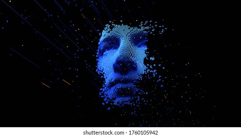 Abstract Digital Human Face.  Artificial Intelligence Concept Of Big Data Or Cyber Security. 3D Rendering