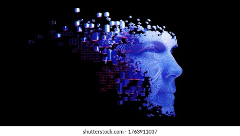 
Abstract digital human face.  Artificial intelligence concept of big data or cyber security. 3D rendering