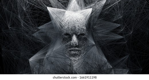 Abstract Digital Human Face With Big Data Connection Or Mistic Mask. 3d Illustration