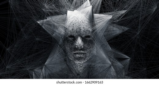 Abstract Digital Human Face With Big Data Connection Or Mistic Mask. 3d Illustration
