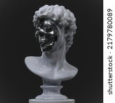 Abstract digital illustration from 3D rendering of a classical white marble head bust with missing face unveiling a silver shiny skull inside and isolated on background.