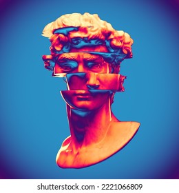 Abstract digital illustration from 3D rendering of white marble classical bust sliced in multiple dislocated pieces and isolated on background in vaporwave style colors.