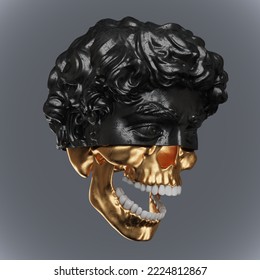 Abstract digital illustration from 3D rendering of a classical black metal upper head cut and golden screaming skull lower part, isolated on background.