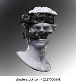 Abstract digital illustration from 3D rendering of black and white marble classical bust sliced in multiple dislocated pieces and isolated on grey background.