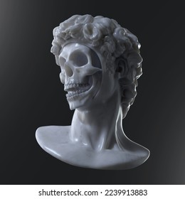 Abstract digital illustration from 3D rendering of a classical white marble head bust missing face unveiling a shiny bone skull inside and isolated on dark background.