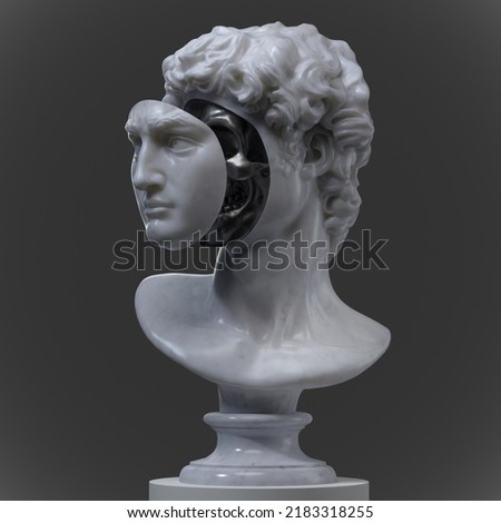 Abstract digital illustration from 3D rendering of a classical white marble head bust with face off, mask detached unveiling a black metal shiny skull inside and isolated on background.