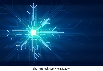 Abstract Digital Illustration Of Microchip Board On Snowflake Shape On Blue Background. Technology Concept Image. Happy New Year And Merry Christmas Card.