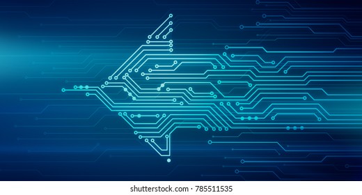 Abstract Digital Illustration Of Microchip Board In Arrow Shape Movingfrom Right To Left On Blue Background. Technology Concept Image.