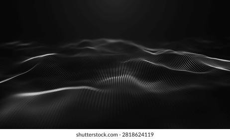 An abstract digital landscape of glowing waves unfolds against a dark background, creating a sense of infinite space and dynamic movement. A futuristic backdrop for presentations. 3D rendering.