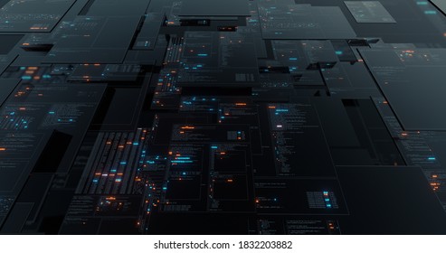 Abstract Digital Abstract Matrix. Screen Grid In Cyber Space Environment. Scrolling Programming Code, Security Hacking, Data Flow Stream Displays. 3D Render