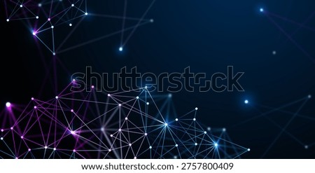 Abstract digital network background with glowing connected nodes and bright lines on a dark blue gradient illustrating data communication, technology flow, and futuristic connectivity.