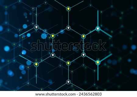 An abstract digital network design with a dark blue background displaying interconnected nodes and lights, giving a tech and futuristic feel. 3D Rendering