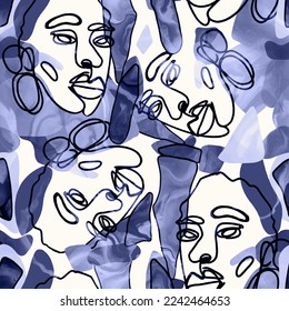 Abstract Digital Paint One Line Drawing Women Faces and Geometric Shapes Seamless Pop Art Pattern Isolated Background