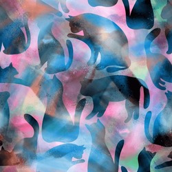Abstract Digital Paint Psychedelic Grunge Cat Silhouettes Seamless Pattern With Tie Dye Brush Strokes Batik Background