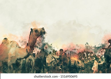 Abstract Digital Painting Of Camels In Desert, Camel Trade Fair In India Illustration