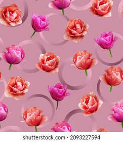 Abstract digital pattern textile wallpaper with patterns of circles and flowers tulips on a powdery pink background.