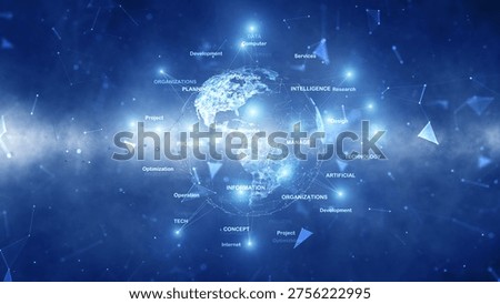 Abstract digital planet Earth network with technology data cyberspace word cloud. Illustration.