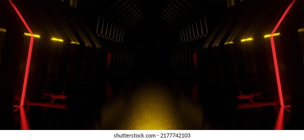 Abstract Digital Showroom Underground Catwalk Hangar Technology Background Tunnel Corridor Neon Brown Or Gold Banner Background Product Display 3D Rendering