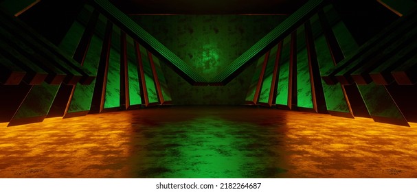 Abstract Digital Showroom Underground Catwalk Hangar Technology Background Tunnel Corridor Brown Or Gold Banner Background Product Display 3D Illustration