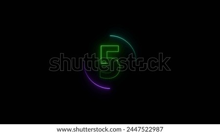 Abstract digital top five countdown circle green color illustration. Green circle Neon light 5 number black background 4k illustration.