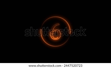 Abstract digital top six countdown circle orange color illustration. Orange circle Neon light 6 number black background 4k illustration.	