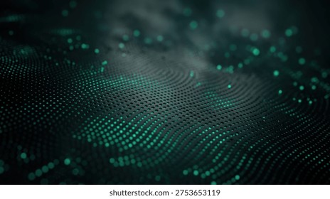 Abstract digital visualization of a glowing teal wave composed of dots and particles on a dark background. Features shallow depth of field and futuristic high-tech aesthetic.