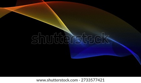 Abstract digital wave composed of fine dotted lines exhibits a colorful spectrum moving smoothly from orange and yellow into vibrant blue tones against a solid black backdrop.