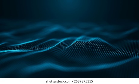 An abstract digital wave pattern that features illuminated blue dots against a dark backdrop, creating depth. Weave effect. 3D Abstract illustration.