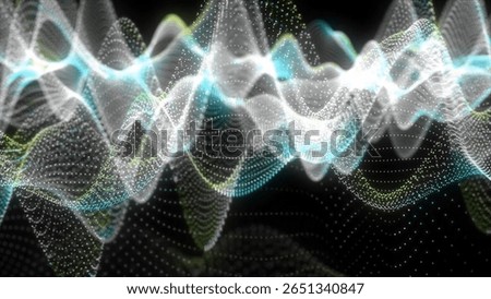 Abstract digital waveform of glowing particles and light trails, creating a dynamic, futuristic, and complex data visualization on a dark background.