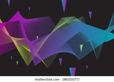 Abstract Digital Waves With Sharp Peaks Of Min And Max And Falling Cones Over Black. Green, Violet, Yellow And Blue Gradient Color With Neon Glow Hue. Perfect As Background Or Web Banner.